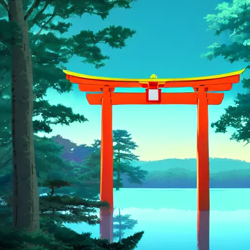 Prompt: torii gate in middle of a lake, digital art, rich vivid colors, ambient lighting, dynamic lighting, 4 k, official media, anime key visual, makoto shinkai, ilya kuvshinov, lois van baarle, rossdraws, detailed, trending on artstation