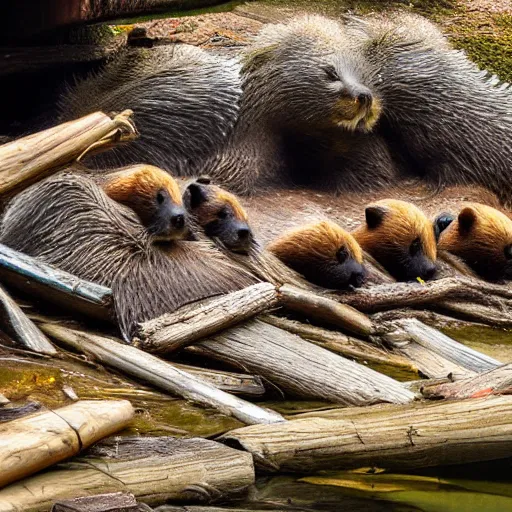 Prompt: beavers in a river building a dam out of crayons, HD nature photography