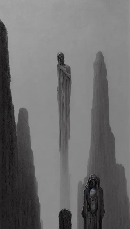 Image similar to painting of omniscient tall statues of gods towering above a hopeless person, by zdzislaw beksinski, by dariusz zawadzki, by wayne barlowe, gothic, surrealism, cosmic horror, lovecraftian, cold hue's, warm tone gradient background, concept art, beautiful composition