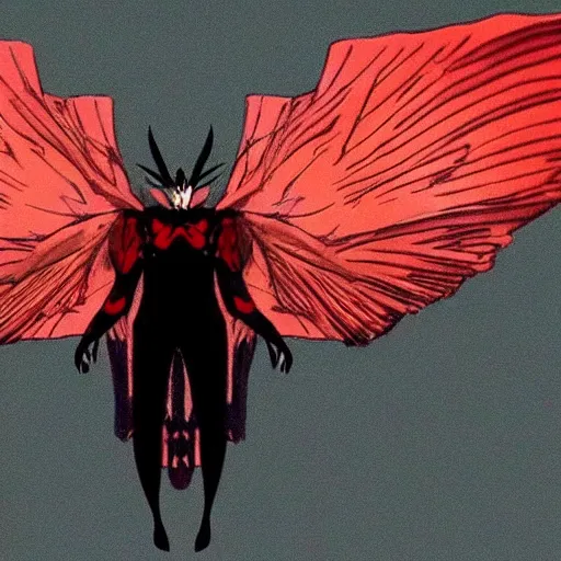 Prompt: photo of mothman with giant wings , cel animation by Manabu Oshashi and Satoshi Kon, professionally post-processed , beautiful, scary, symmetry accurate features, epic, octane rendered, anime masterpiece, accurate
