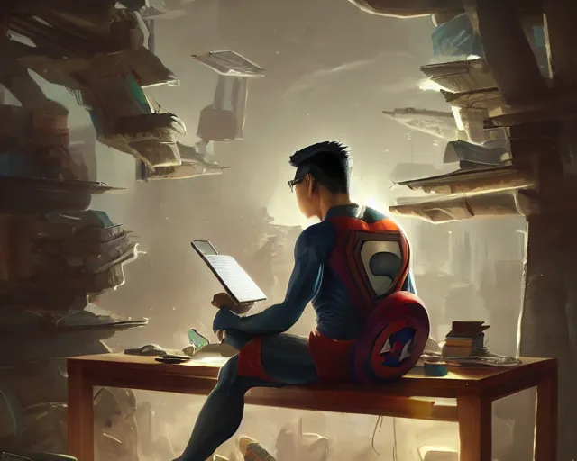 Image similar to an insanely detailed painting of a nerdy asian man wearing a superhero costume, sitting at a desk, staring at the nervously at the computer and typing, in the style of peter mohrbacher, dramatic lighting and composition, octane render, pixar, trending on artstation, concept art, comic book, view from behind