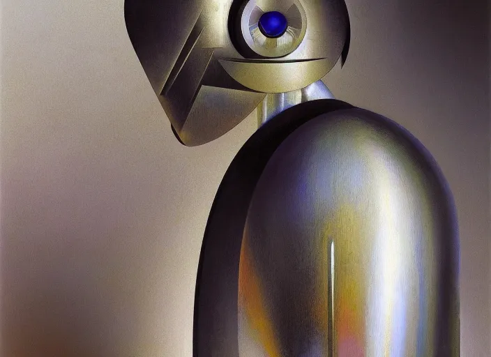 Image similar to a portrait headshot of sci fi metallic human, bright eyes, melancholic complex geometric figure liminal machinery by oskar schlemmer, moebius, john berkey, film grain, oil on canvas, portrait facial head, featured on artstation, hd wallpaper, 8 k