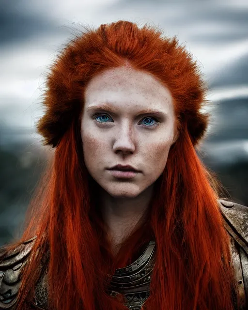 Image similar to north adult female warrior, red hair, ginger hair, long hair, fantasy, female Viking, high detailed, photography, cloudy, lightweight leather armour, Scandinavia, plain, detailed face, beautiful face, beautiful girl, look into the distance, professional model, glowing skin, serious face, full body, professional photographer, masterpiece, 50 mm, 8k, 3D