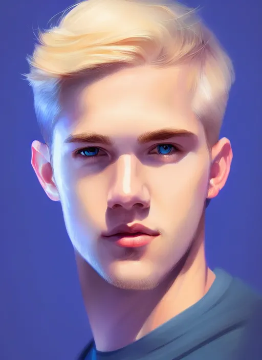 Image similar to portrait of young kevin keller with blonde hair, blonde hair, blue eyes, defined jawline, intricate, elegant, glowing lights, highly detailed, digital painting, artstation, concept art, smooth, sharp focus, illustration, art by wlop, mars ravelo and greg rutkowski