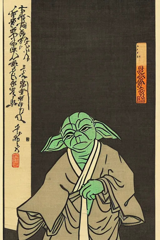 Prompt: Japanese woodblock print of Yoda, Utagawa Yoshitora