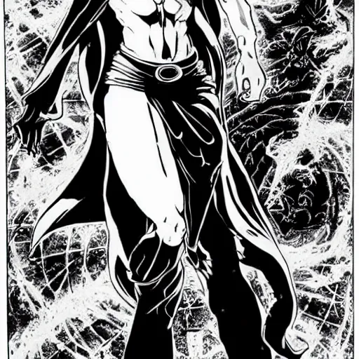 Image similar to pen and ink!!!! attractive 22 year old Dr. Strange Gantz monochrome!!!! Frank Zappa highly detailed manga Vagabond!!!! telepathic floating magic swordsman!!!! glides through a beautiful!!!!!!! battlefield magic the gathering dramatic esoteric!!!!!! pen and ink!!!!! illustrated in high detail!!!!!!!! graphic novel!!!!!!!!! by Hiroya Oku!!!!!!!!! and Frank Miller!!!!!!!!! MTG!!! award winning!!!! full closeup portrait!!!!! action manga panel