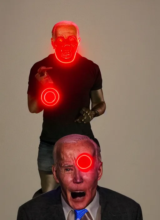 Prompt: hyper realistic ultra realistic cyborg photo Doom horror furious glowing red eyes biden