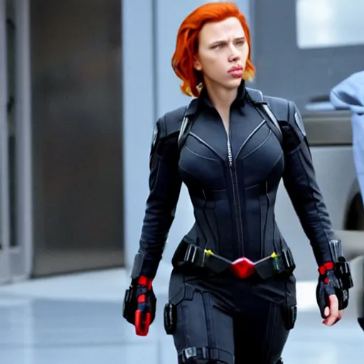 Image similar to Scarlett Johansson pregnant as Black Widow in Marvel The Avengers movie scene