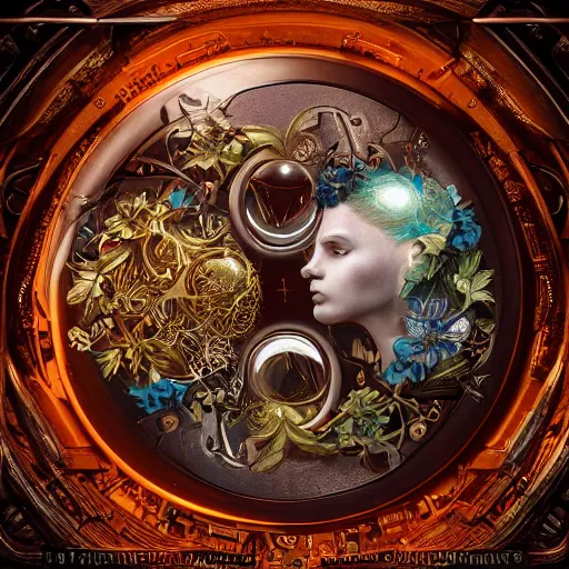 Image similar to a beautiful intricate fine art RPG portrait photo of a mechanical industrial steampunk cybernetic yin yang symbol, overgrown with morning glory flowers, montsera leaves by tom bagshaw and zach sutton, golden ratio composition, studio lighting, 50mm lens, very detailed, bionic, cybernetic scifi, deep depth of field, artstation, 8K, highly coherent