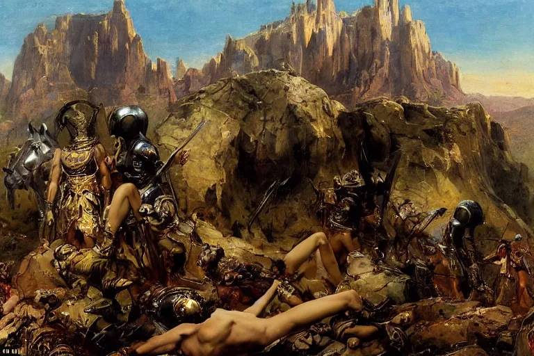 Prompt: a beautiful painting of a rocky landscape covered with bodies of medieval soldiers in shiny armors, dawn, by Frank Frazetta, by Georgia o keeffe, by Gustave Moreau