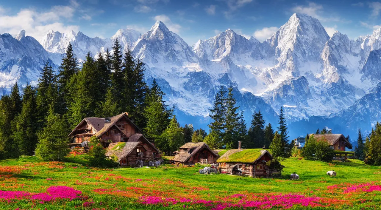 Prompt: A cozy wooden cottage, on an Alpine meadow with flowers and cows, mountains in the background, snowy peaks, beautiful calm nature, photorealistic, detailed, 4k, vibrant colors,