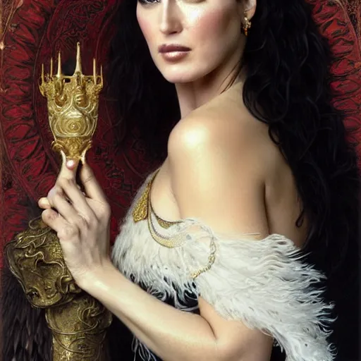 Prompt: portrait painting of a beautiful monica bellucci with a kind face wearing a feathered cloak and a fancy silk white dress, seductive, ultra realistic, concept art, intricate details, eerie, highly detailed, photorealistic, octane render, 8 k, unreal engine. art by artgerm and greg rutkowski and charlie bowater and magali villeneuve and alphonse mucha