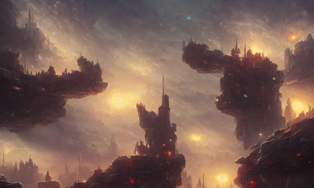 Prompt: a light oil painting of a city built on a floating giant rock in deep space by greg rutkowski and thomas kinkade, trending on artstation