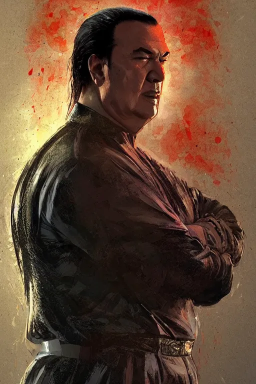 Image similar to sad steven seagal full body portrait in handcuffs, intricate, highly detailed, digital painting, artstation, concept art, smooth, sharp focus, illustration, whimsical background by marc simonetti, artwork by liam wong, patriotic