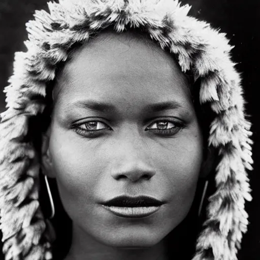 Prompt: black and white vogue closeup portrait by herb ritts of a beautiful female model, aboriginal, high contrast