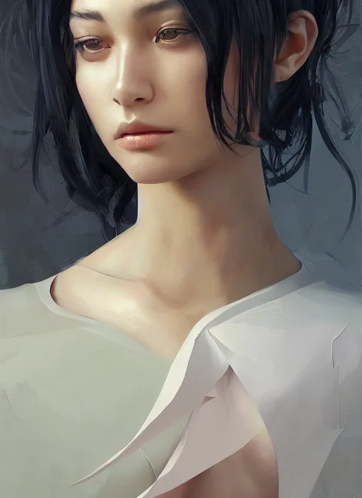 Prompt: a professional painting of a beautiful young female, wearing an origami kimono, olive skin, long dark hair, beautiful bone structure, symmetrical facial features, intricate, elegant, digital painting, concept art, smooth, sharp focus, illustration, from Metal Gear, by Ruan Jia and Mandy Jurgens and Artgerm and William-Adolphe Bouguerea