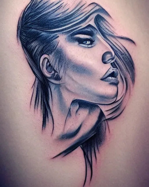 Image similar to tattoo design sketch of a beautiful blue - eyed woman face with a faded background of beautiful mountains on her side, hyper - realistic, in the style of den yakovlev, amazing detail, black and white