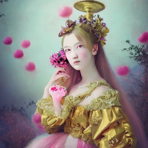 Image similar to 8 k, octane render, realism, tonalism, renaissance, rococo, baroque, portrait of a young - lady wearing long - harajuku manga - dress with flowers and skulls, cotton candy!! ( background chaotic gold leaf flowers )