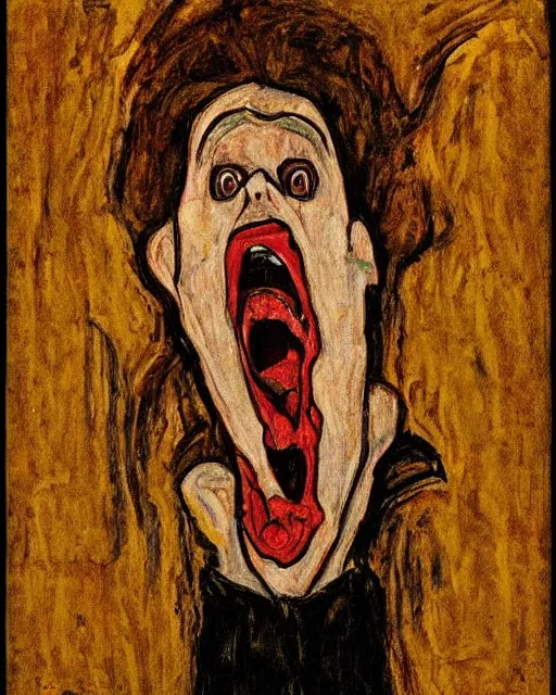 Prompt: the scream by Edvard Munk, in the style of Egon Schiele