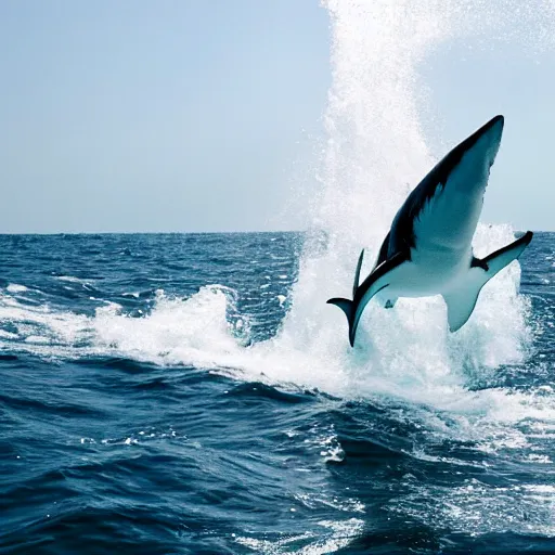 Image similar to action photo of shark jumping from surface of the sea into the ship, from nature journal, 1 / 1 0 0 0 sec shutter, action photo