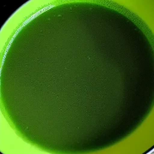 Image similar to brewing violent bubbling green fluid soup, green steam rising from soup