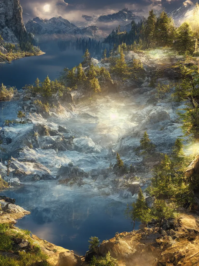 Image similar to a epic view of a mountainous lake, concept art, trending on, very detailed, unreal engine, 4 k, photoreal, volumetric lighting, light rays, epic composition, warm colors