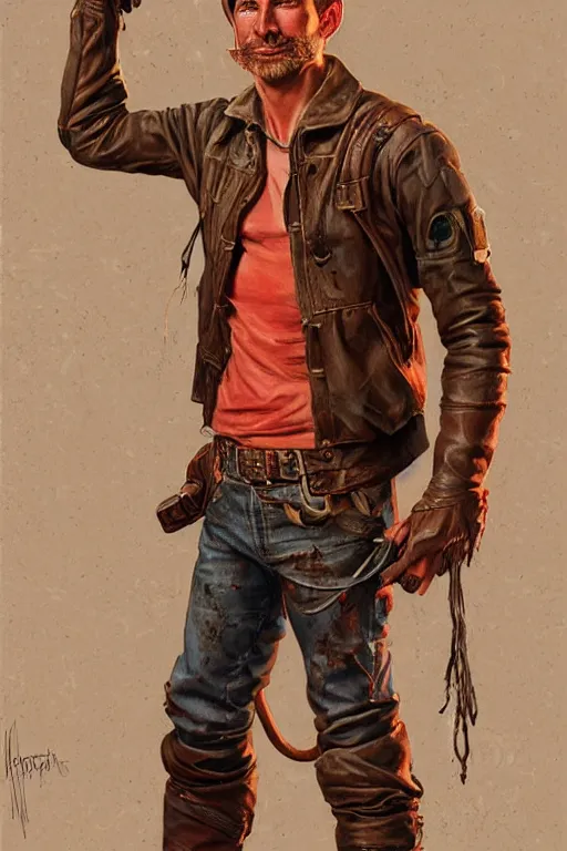 Image similar to character design, portrait of a gaunt 40's adventurer, unshaven, optimistic, stained dirty clothing, straw hat, riding boots, red t-shirt, dusty rown bomber leather jacket, concept art, photorealistic, hyperdetailed, 3d rendering! , art by Leyendecker! and frazetta,