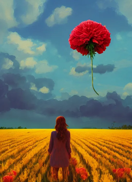 Image similar to woman with a giant carnation head, flower field, surreal photography, sunset dramatic light, impressionist painting, colorful clouds, blue sky, digital painting, artstation, simon stalenhag