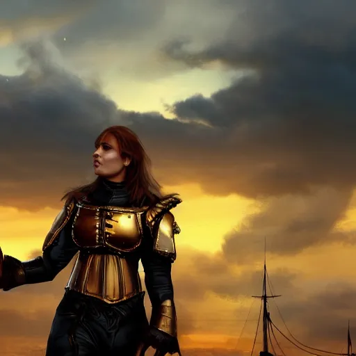 Prompt: susan is on a ship and looking to dramatic golden neon sunset with wall of storm clouds, susan is a medieval woman ship pilot with long side part hair shaved and wearing breastplate, dynamic lighting, hyperrealistic, hd 4 k, artstation