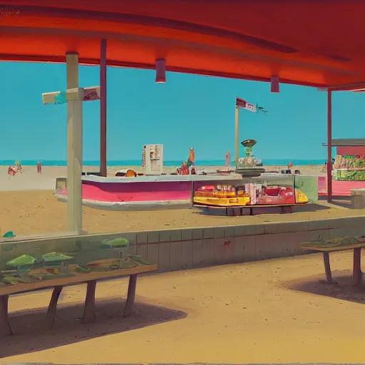 Image similar to fast food counter by the beach by simon stalenhag