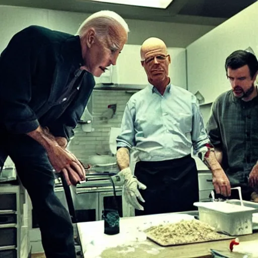 Image similar to “Very photorealistic screenshot of Joe Biden and Walter White cooking drugs in an episode of Breaking Bad, atmospheric lighting, award-winning”