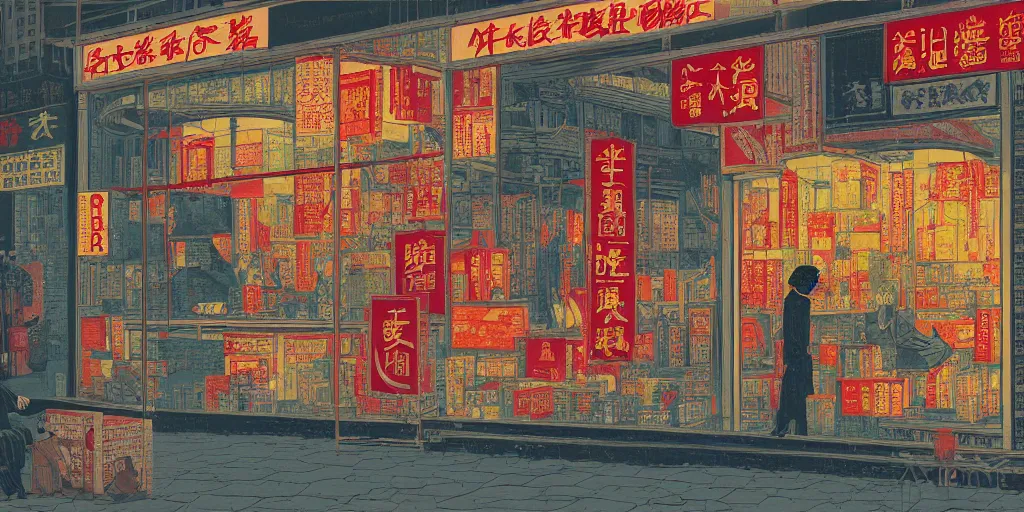 Image similar to a shop window in hong kong, by dan mumford and peter doig and edward hopper, minimal, black in, thick lines highly detailed, muted colours, overlaid with chinese adverts, 8 k