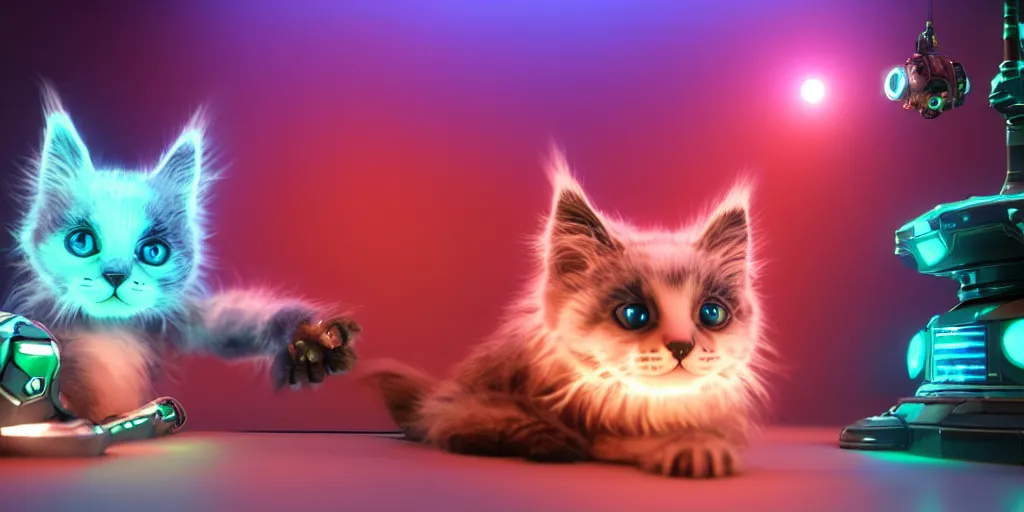 Image similar to a 3 d rendered movie still a cute robotic kitten with rgb ambient lighting implants. the robot maine coon kitten. in the background is a cyberpunk cat tree with rgb dramatic lighting. science fiction blockbuster movie from the future, imax 7 0 mm. octane 3 d render, style of mandalorian ( american space western television series )