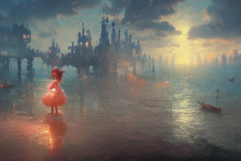 Prompt: a beautiful picture of a city under the sea ， a girl in lolita, by greg rutkowski and thomas kinkade, trending on artstation