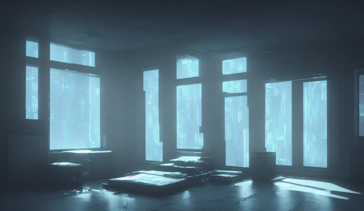 Image similar to a cyberpunk minimalistic room with small windows, dramatic lighting, hyper realistic, photography, 3 5 mm, kodak film, 8 k, octane render, unreal engine render, concept art, volumetric lighting, foggy