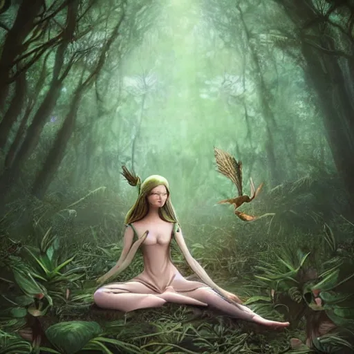 Prompt: elven princess meditating in forest, surrounded by fairies, surreal, surrealist art, digital art, trending on artstation, ultra detailed, intricate, sacred geometry, serene, beautiful, photo, realistic, perfect, smooth, moebius, by moebius