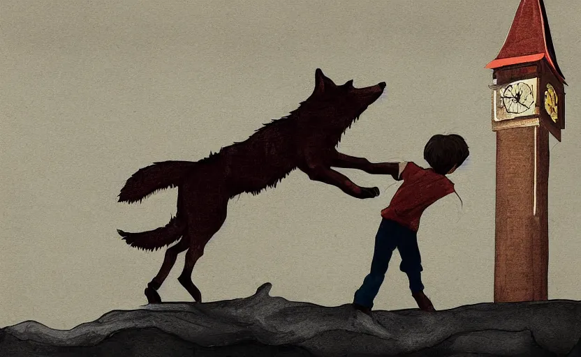 Image similar to a boy fighting a wolf on the edge of a clocktower, digital gouache, print