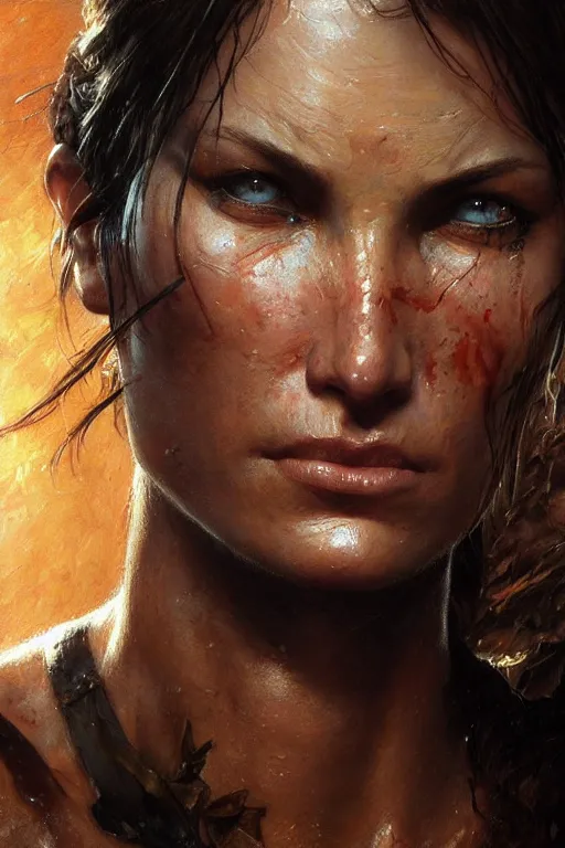 Image similar to muscular sweat lara croft, face close up, highly detailed painting by gaston bussiere, craig mullins, j. c. leyendecker 8 k