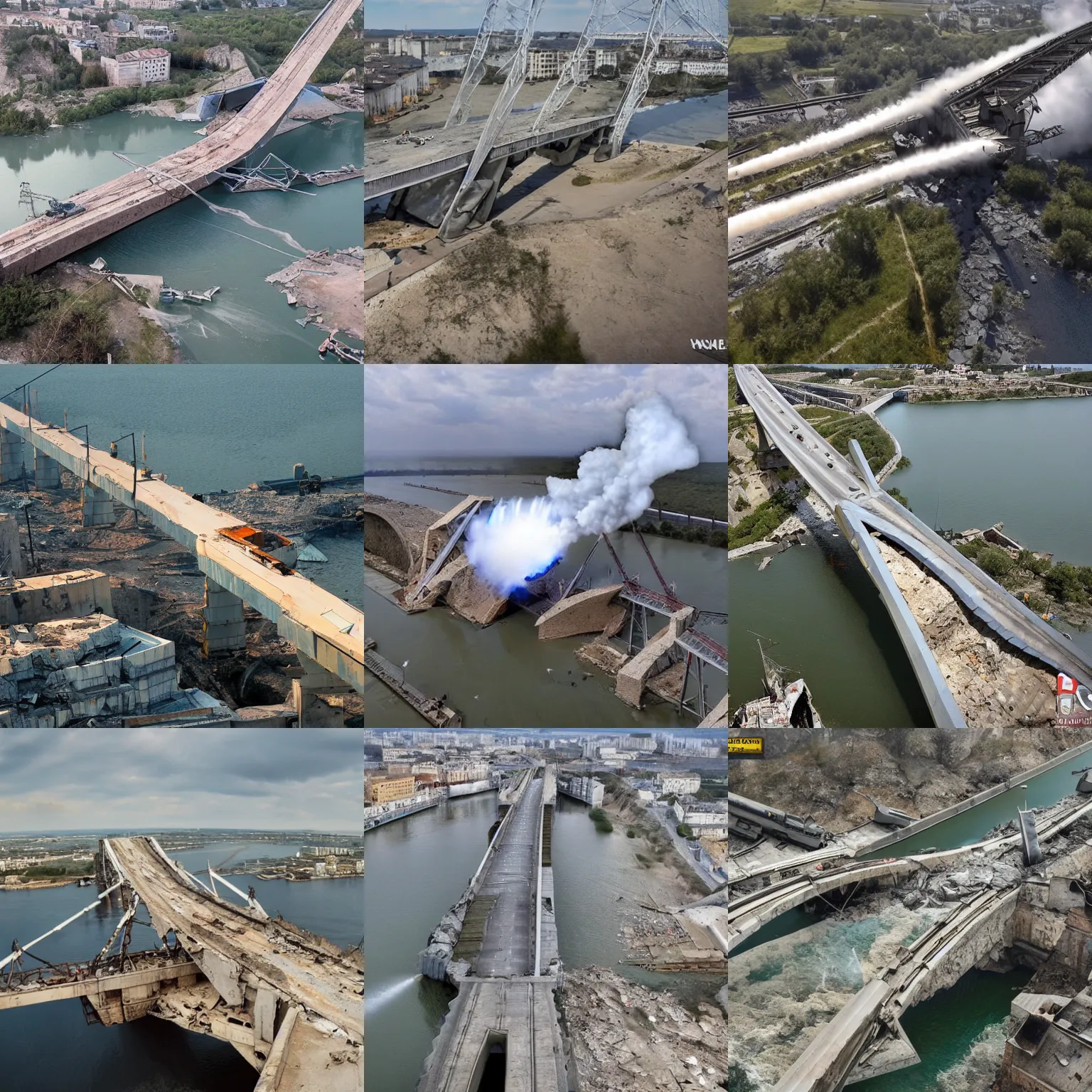 Prompt: war in ukraine, 2 0 2 2, artillery strike in crimea bridge, bridge collapsing, wide angle shot, aerial photograph, hyper realistic, structural failure, catastrophic