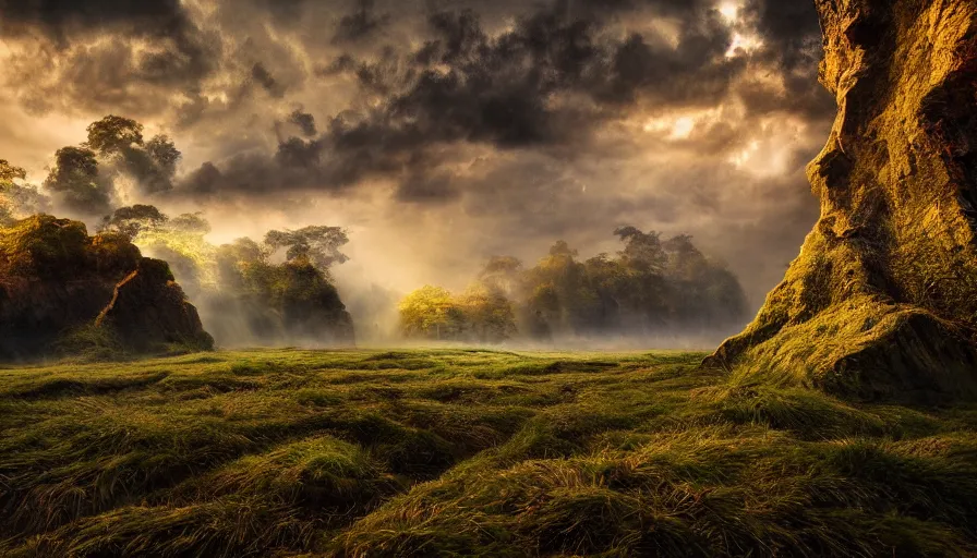 Image similar to award winning photo of machines creating natural landscapes on canvases, dramatic lighting, 4 k