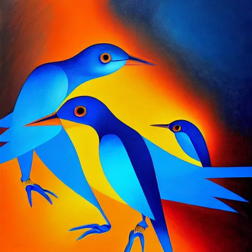 Prompt: a painting of a group of blue and orange birds, an airbrush painting by jarosław jasnikowski, cgsociety, generative art, angular, cubism, biomorphic