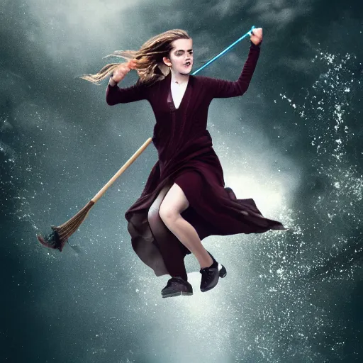 Prompt: a 4k photo of Emma Watson flying in a magical broomstick