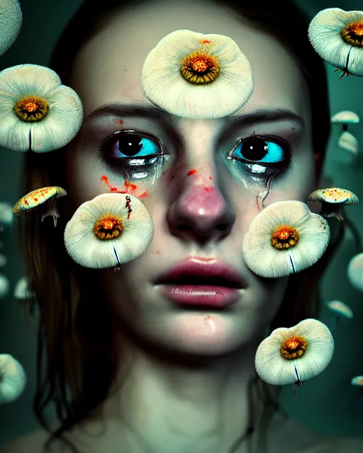 Image similar to a disturbing digital horror arthouse photograph of a beautiful crying woman with flowers and fungus growing out of her head and petals dripping from her eyes, intricate, sharp focus, cinematography, highly detailed, octane render, digital horror artwork, matte, photography by professional photographer