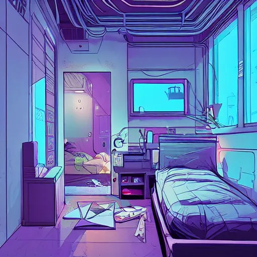 cozy cyberpunk apartment room at night, cozy lighting, | Stable Diffusion