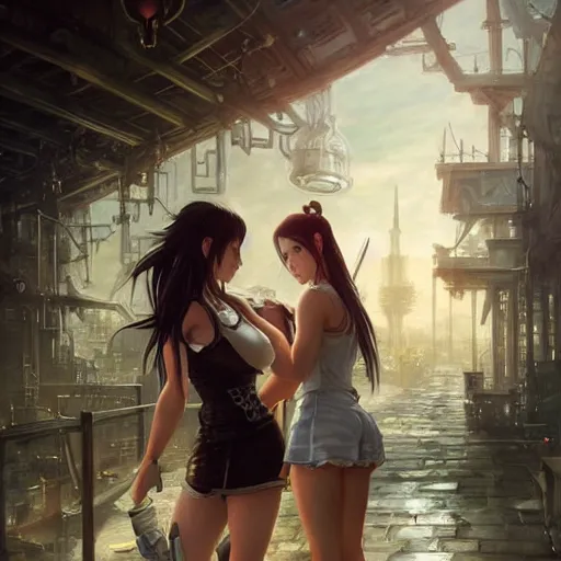 Image similar to a painting of tifa lockhart and aerith gainsborough from final fantasy 7, the midgard steam punk city as backdrop, by greg rutkowski, artgerm, wlop, ruan jia, krenz cushart, alphonse mucha, rain, unreal engine 5