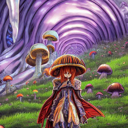 Image similar to anime 4 k headshot portrait of a psychedelic demonic anthropomorphic insect knight with mushroom themed clothes, magic mushroom village in background by jeff easley, award winning, stylized neon, post - processing, masterpiece, superb resolution. in the art style of junji ito and greg rutkowski. detailed mushroom city in background. hyper realistic anime. perfect art. dalle 2