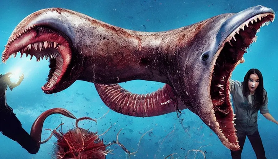 Prompt: big budget horror movie about a carnivorous earthworm attacking a cyborg dolphin