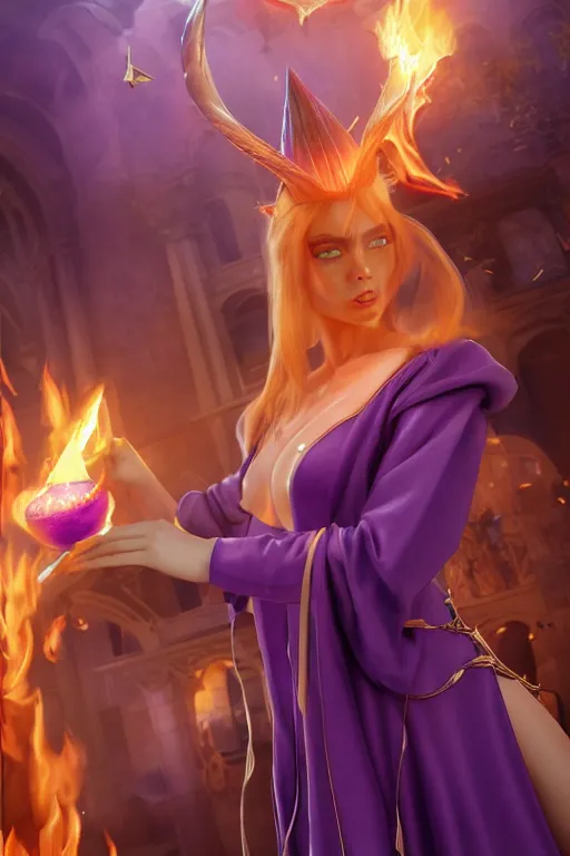 Prompt: short woman in prudish purple wizards apprentice robes with pointy hat at a crowded magical university, a flaming magical red flame hummingbird pet, full body shot unreal engine hyperreallistic render 8k character masterpiece digital art, cell shader shading, raytracing, comic art, manga, trending on Artstation, CGSociety