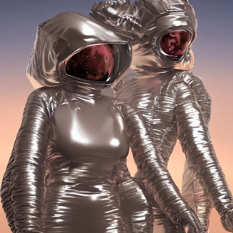 Prompt: octane render portrait by wayne barlow and carlo crivelli and glenn fabry, subject is a woman covered in folded aluminum foil space suit with a colorful metallic space helmet, standing on a red rocky western alien landscape, cinema 4 d, ray traced lighting, very short depth of field, bokeh