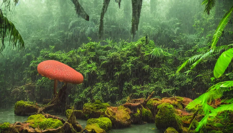 Image similar to a rainy foggy jungle, river with low hanging plants, there is a giant coral colored octopus in the water, great photography, ambient light